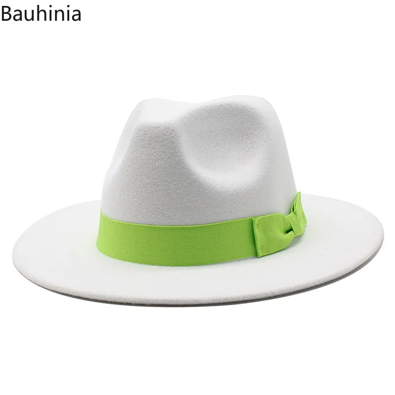 

Bauhinia Fashion White 7CM Wide Brim Felt Fedora Hat For Women Bow Ribbon Winter Formal Party Jazz Hat Panama Cap
