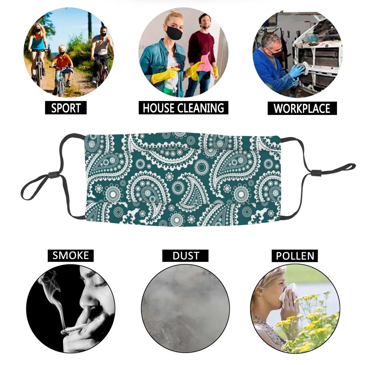 

Green Paisley Pattern Men Women Non-Disposable Face Mask Anti Haze Dustproof Protection Cover Respirator Mouth Muffle