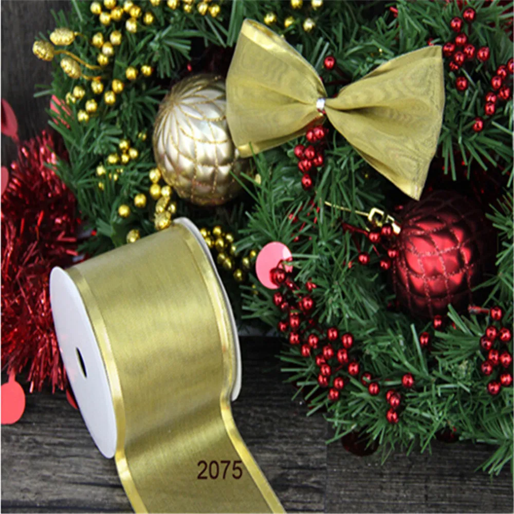 Золотистая металлическая лента из органзы с проволочным краем 63 мм 25 ярдов для