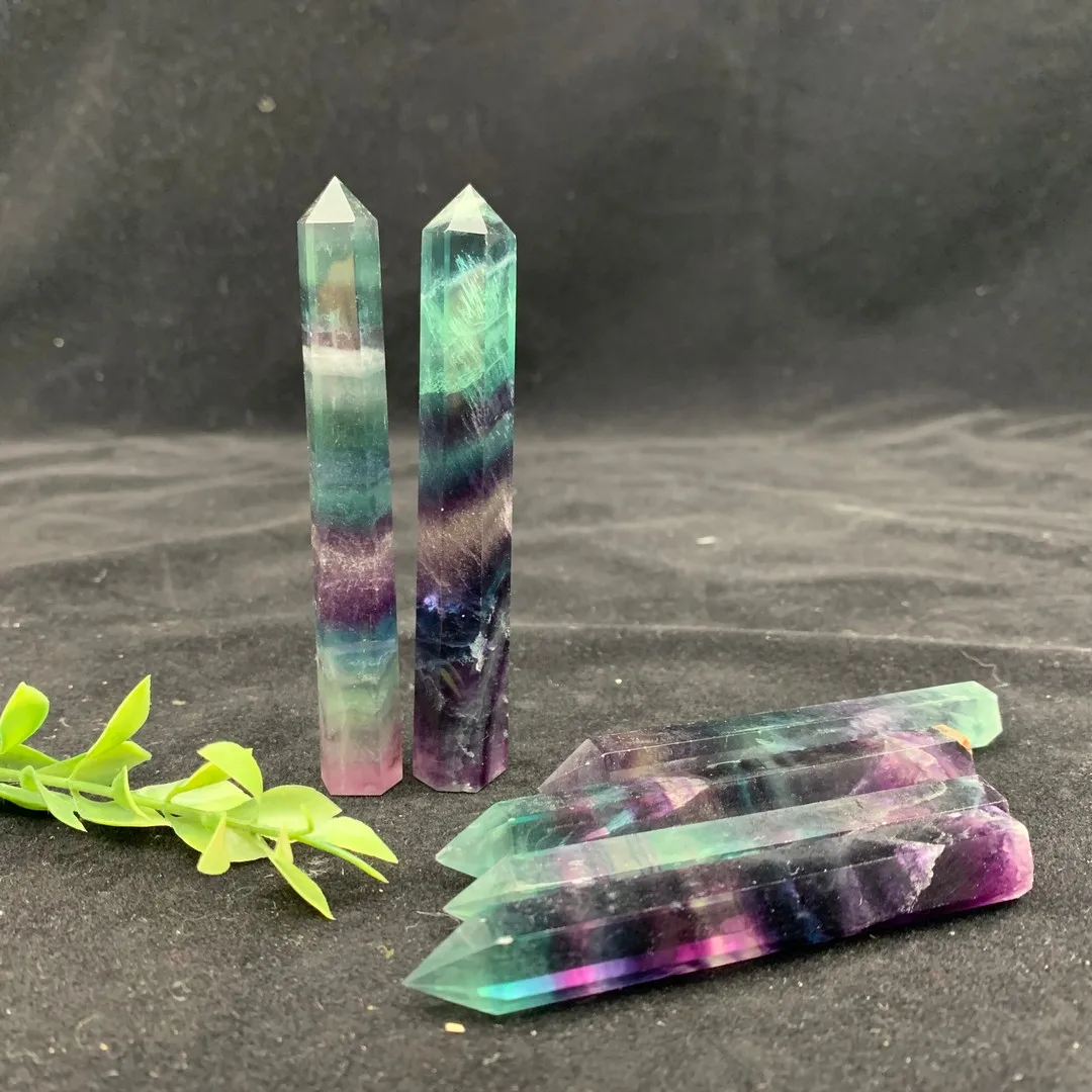 

60-110mm Natural Fluorite Quartz Crystal Rainbow Point Healing Hexagonal Stone Wand Decoration Modern Home Decor
