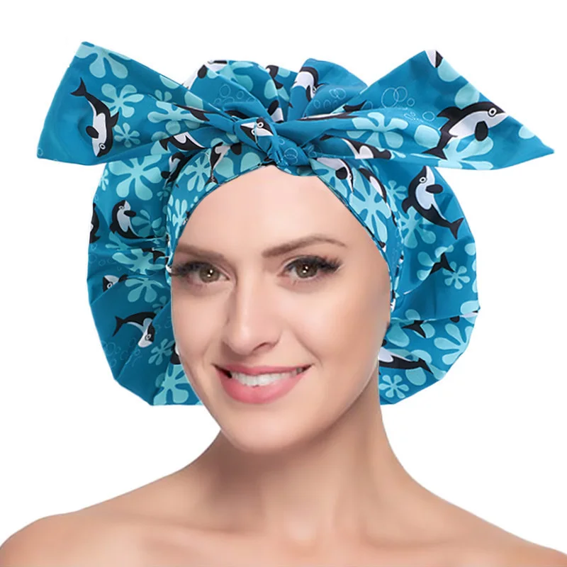 

Helisopus Reusable Bow Knotted Shower Cap for Women Waterproof Hair Beauty Makeup Cap Stretch Night Sleep Hats Luxury Bonnet