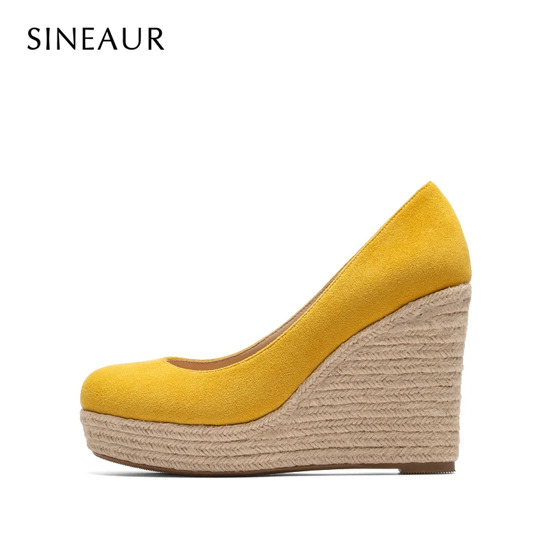 

SINEAUR Shoes for women Fashion Super High 10CM Ladies Suede Woods Wedges Heels Round-toe Platform PU Pumps Office Dress