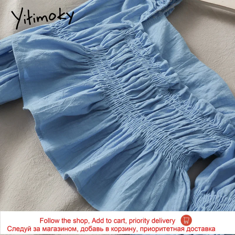 

Yitimoky Women Blouses Slash Neck Shirts Spring 2021 Korean Fashion Long Sleeve Folds Flare Sleeve Clothes Super-short White Top