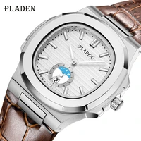 pladen business office style mens watches simple browm leather quartz watch classic moon phase decorate design waterproof clock