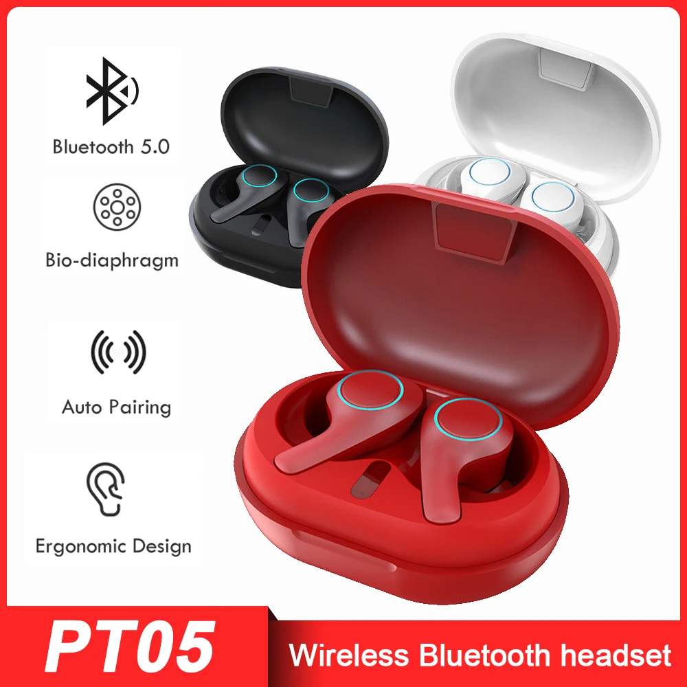 

PT05 Wireless Bluetooth Earphones Waterproof TWS 9D HiFi Stereo Noise Reduction Touch Control Sport Earbuds with Microphones