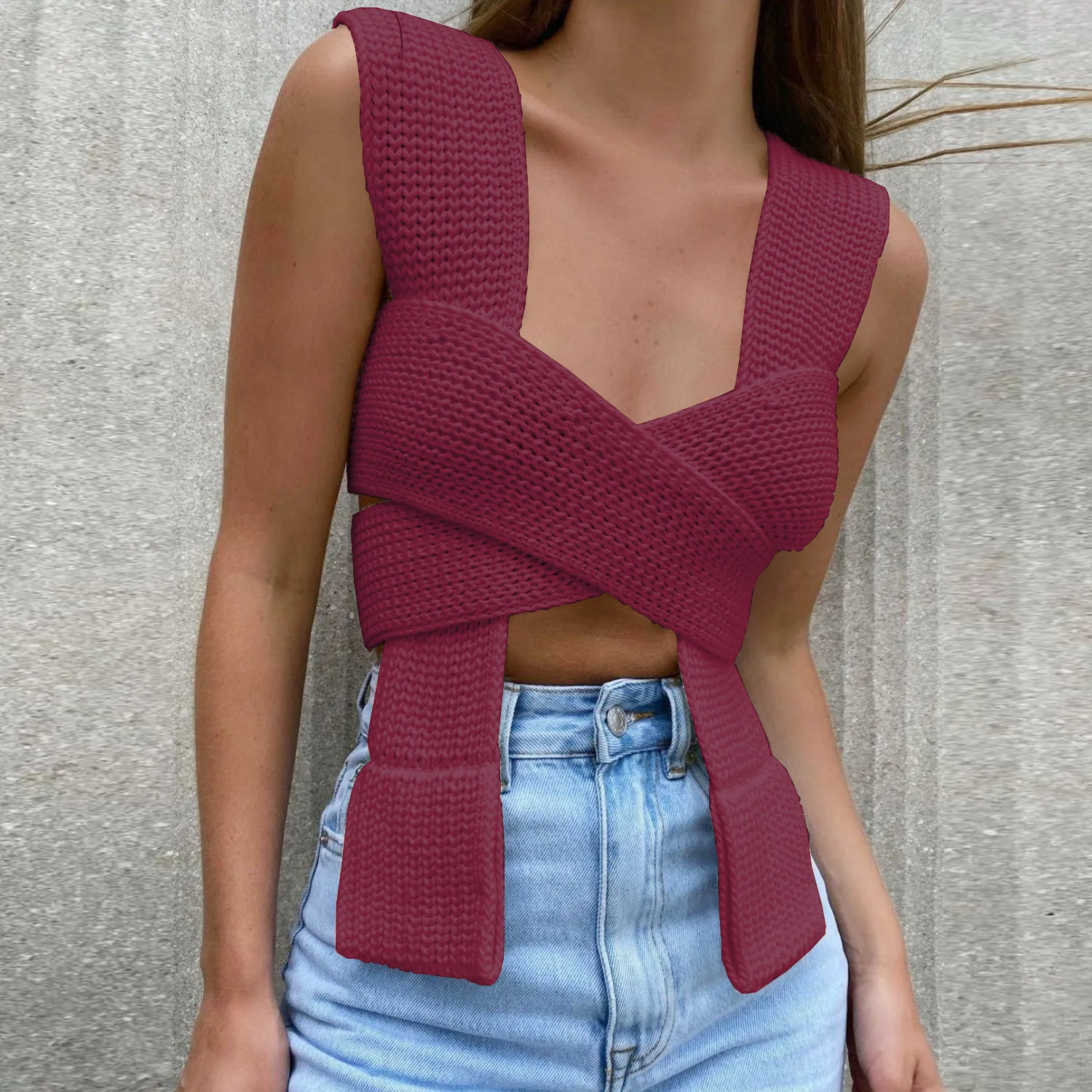 

Sexy Women Crop Tops Knitted Bandage Cross Backless Casual Tanks Tops Wrap Tube Cropped Camisole Slim Party Club Vest