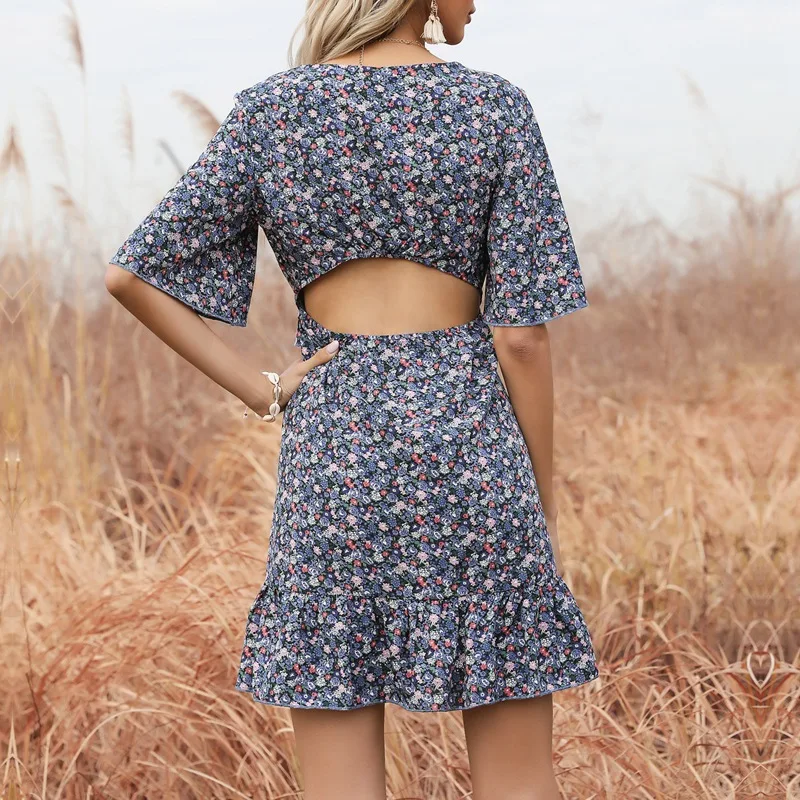 

Women'S V-Neck Printed Flare Short Sleeve Hollow Halter Ruffle Dress