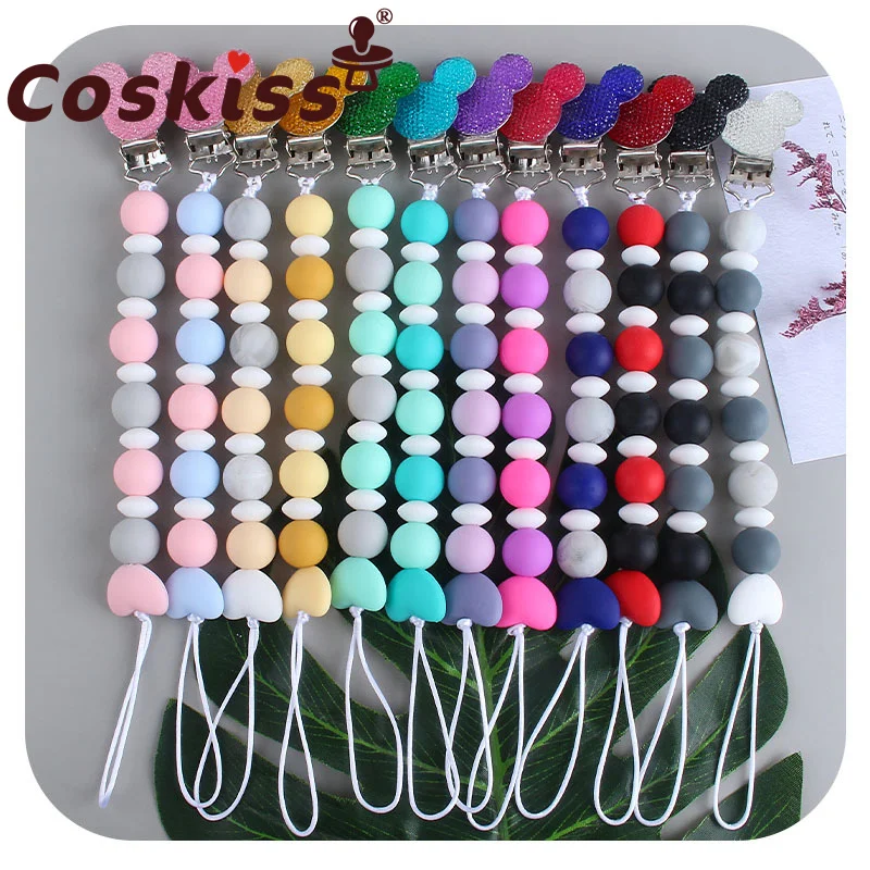 Coskiss-Cadena de chupete con cuentas de dentici&oacute;n de silicona, sin BPA, Clip de Metal, colgante para beb&eacute; reci&eacute;n nacido, ni&ntilde;o y ni&ntilde;a, regalo de lactancia-0
