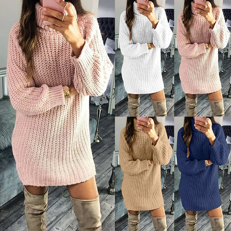 

Sweater Dress Women Turtleneck Long Sleeve Autumn Winter Loose Tunic Knitted Casual Pink Gray Clothes Solid Dresses Ropa Mujer