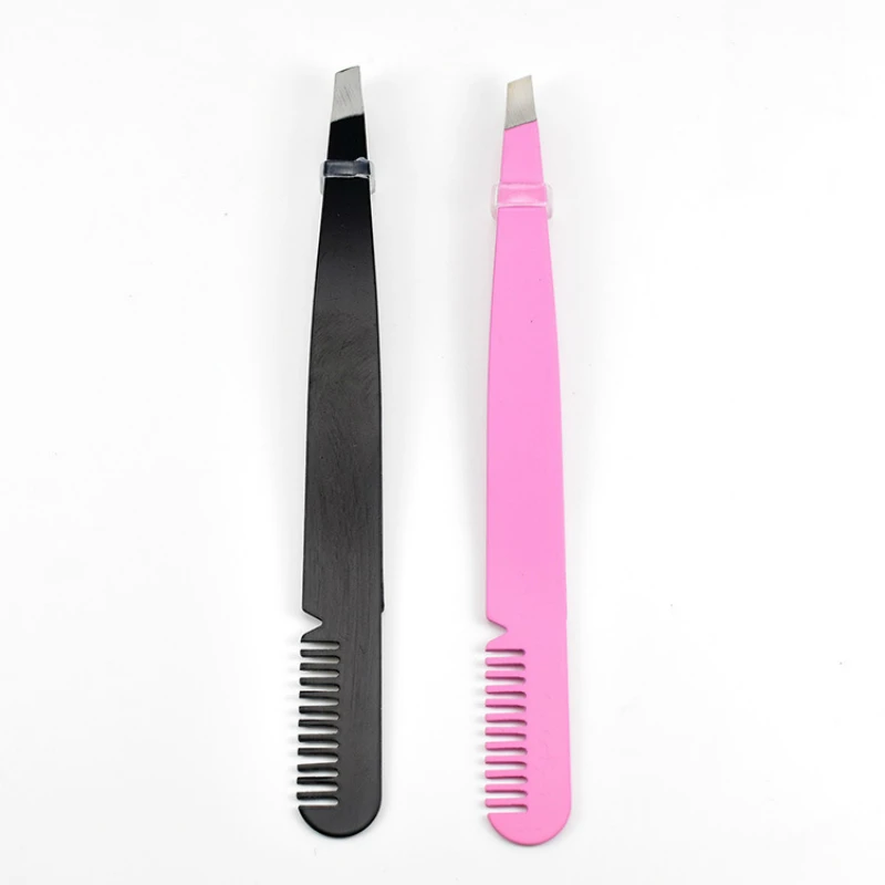 Dual end 2 in 1 Hair Removal Trimming Professional Stainless Steel eyelash tweezers eyebrow tweezer With Comb