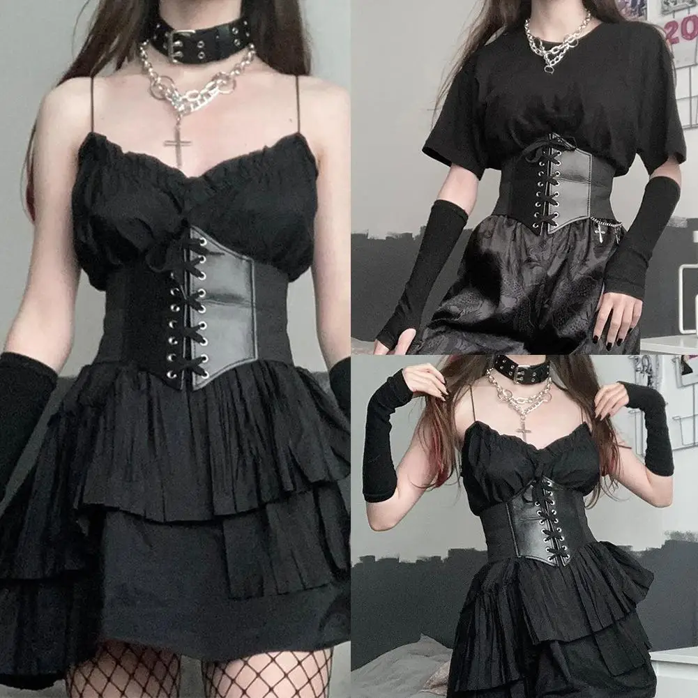

Gothic Dark Lace Up Crop Top Women Corset Belt Slim Cummerbunds PU Leather Top Harness Bustier Tops To Wear Out 2021