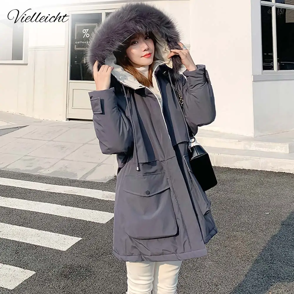Vielleicht 2020 Winter Jackets Women's Long Parkas Female Solid Oversized Hooded With Fur Collar Thick Casual Women Winter Coat