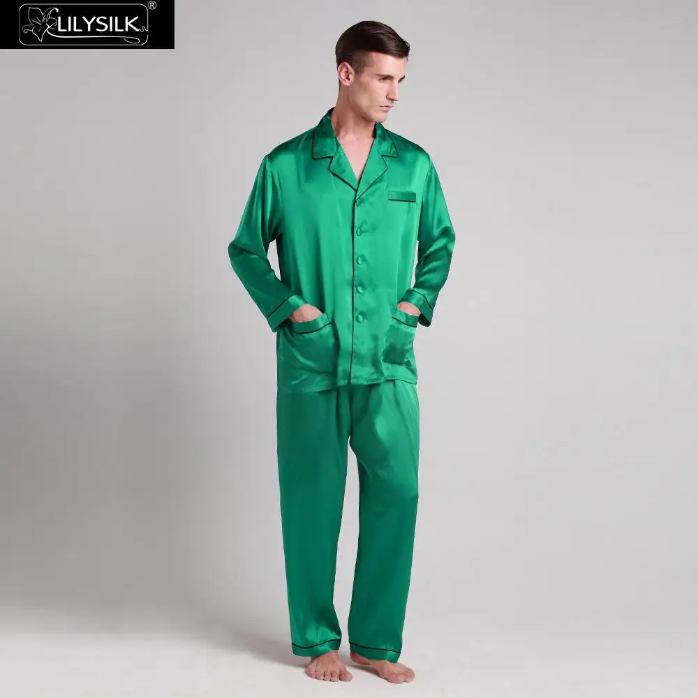 Green Jade LilySilk пижама мужская шелковые набор белье костюм домашняя одежда для мужчин с контрастной отделкой 22 Momme - Цвет: Green Jade