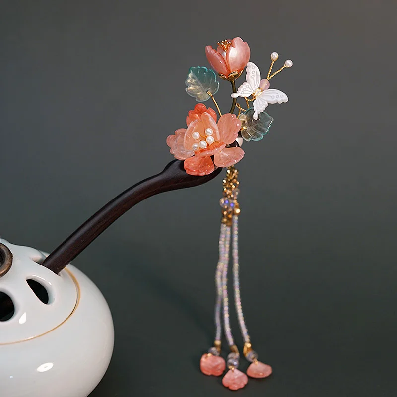 Оригинальные украшения для волос ручной работы Hanfu Kanzashi розовый цветок белая