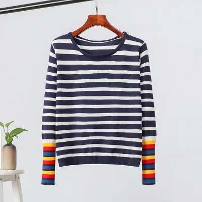 navy blue SINGRAIN женский зимний полосатый свитер с круглым вырезом, повседневный теплый базовый вязаный пуловер, корейский Свободный Женский вязаный свитер - Цвет: navy blue
