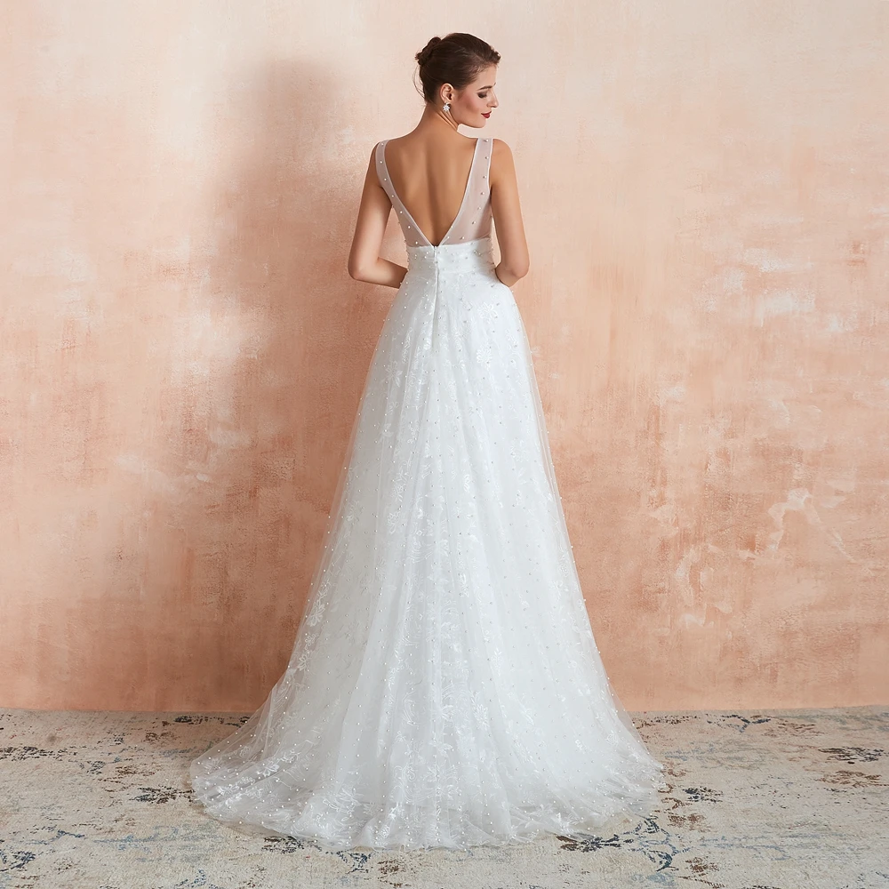Boho Wedding Dresses Beach A Line Pearl Lace V Neck Lace Simple Bride Gown Sleeveless Walk Beside You abiti sposa