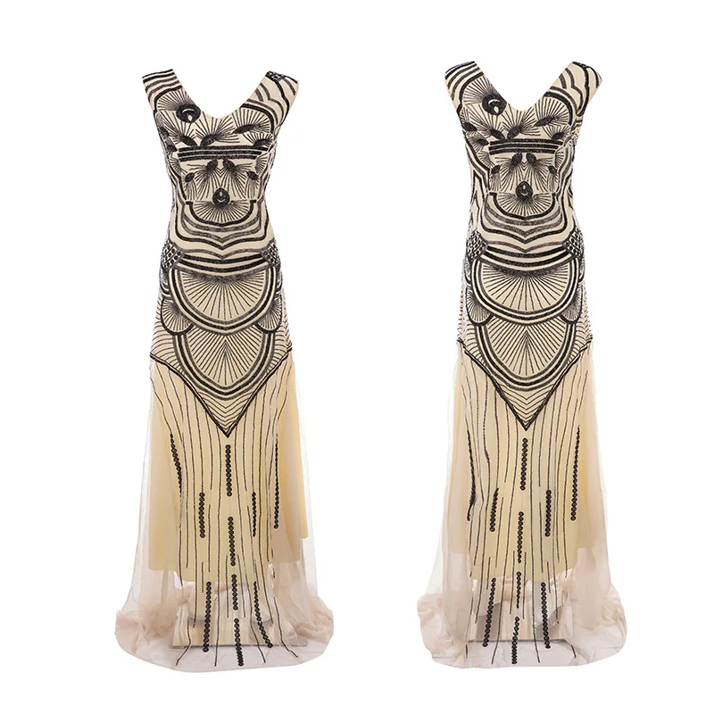 Женское длинное платье без рукавов винтажное облегающее в стиле 1920 х с V образным