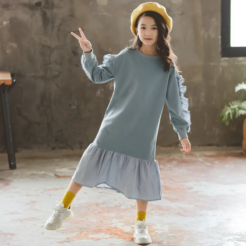 Детское платье с оборками и длинными рукавами для девочек-подростков 4-16 лет