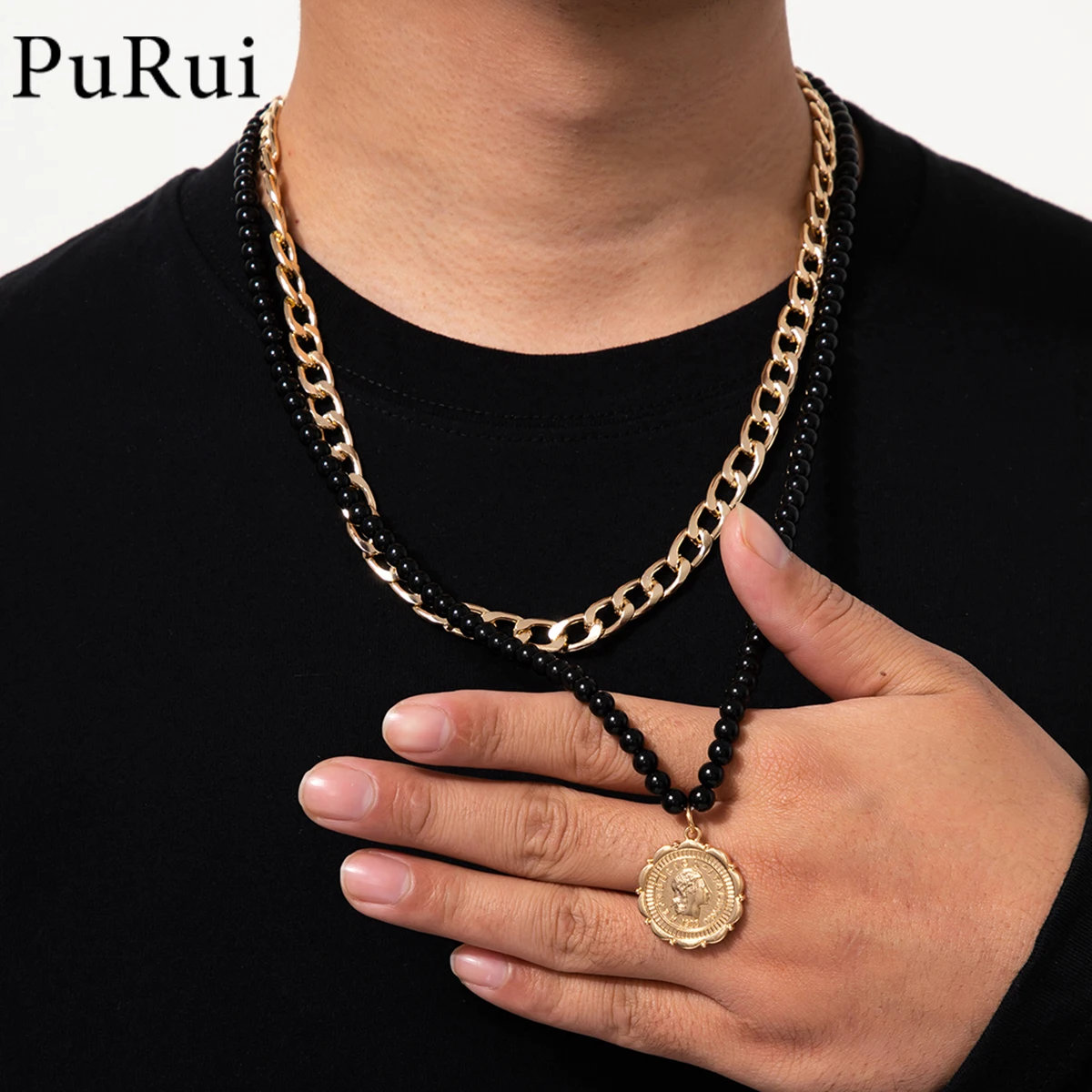 

Bohemia Multi-layered Portrait Coin Necklace for Men Black Beads Chain Necklace Thick Chain Choker Necklaces Chain Set Jewelry