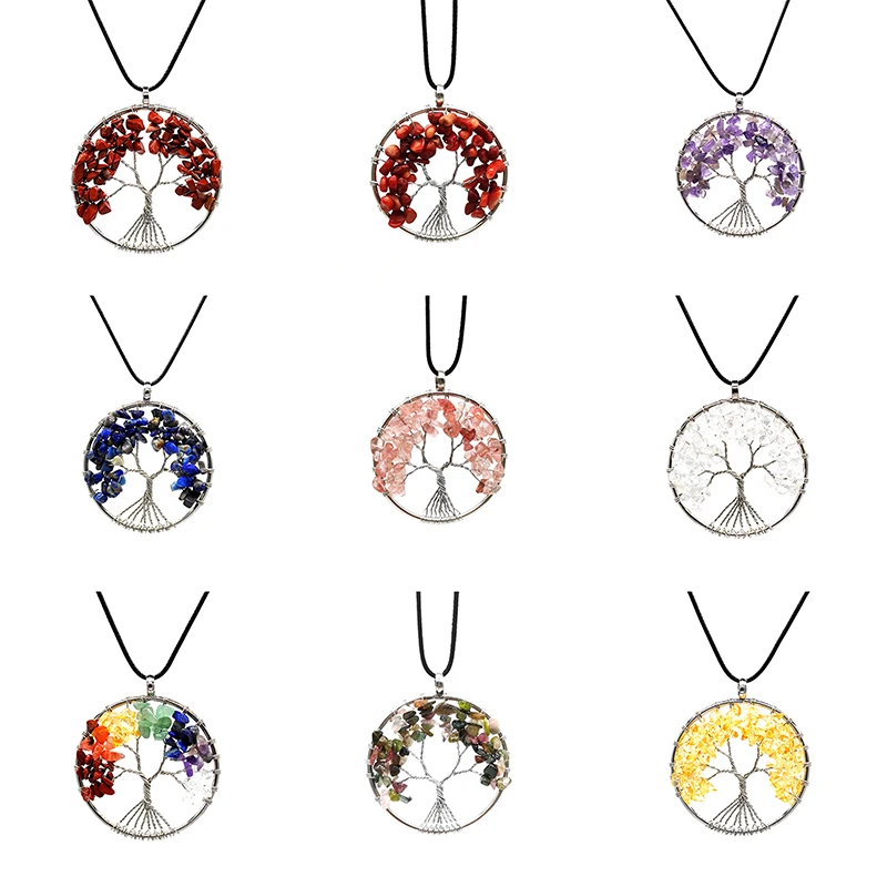 

Ожерелье с подвеской в виде дерева жизни из натурального камня 7 чакр, ожерелье ручной работы с цветным кварцевым кристаллом, подвеска, свад...