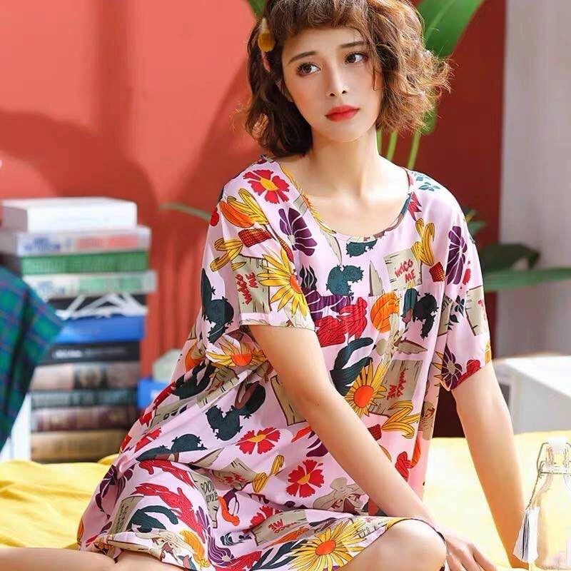 Летняя хлопковая одежда для сна M-5XL женская ночная рубашка модная с принтом