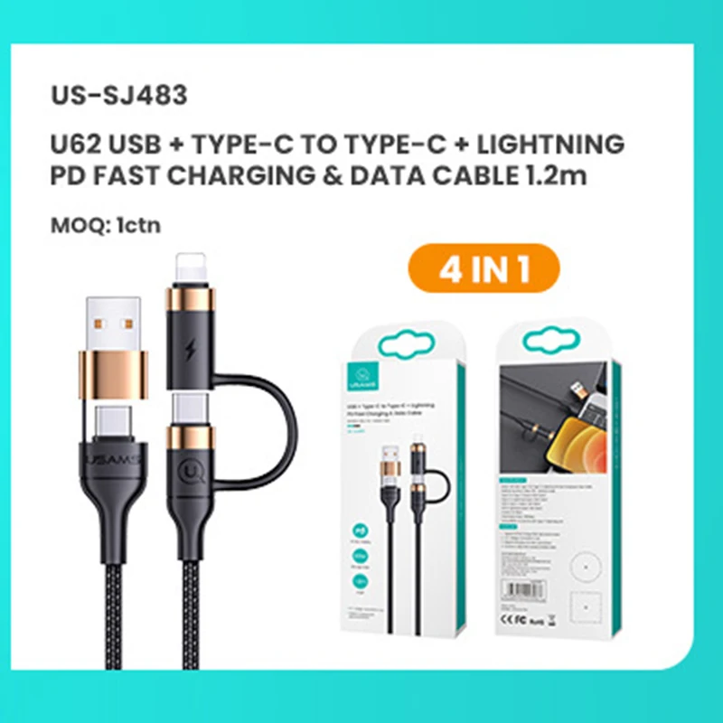 

60W 4in1 PD Fast Charging Data Cable Dual Usb Type-c Charging Cable For IPhoneX 11 12 Xiaomi Huawei Smartphone Mobile Data Cable