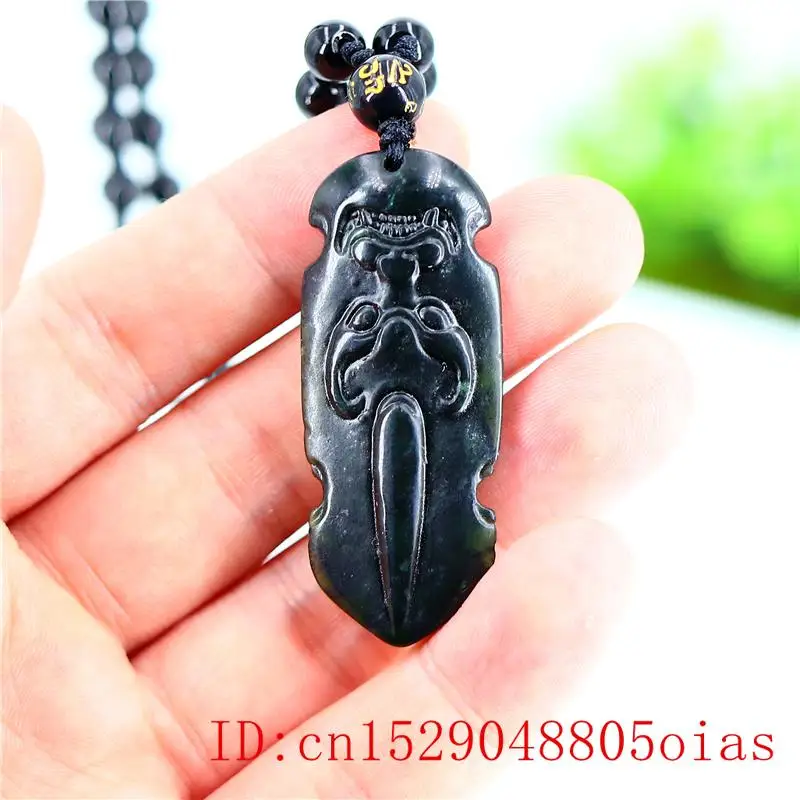 Нефритовое ожерелье с подвеской в форме руны резное очарование черный зеленый