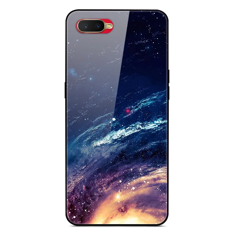 

For OPPO K1 Phone Case Tempered Glass Back Cover With Black Silicone Bumper Star Sky Pattern