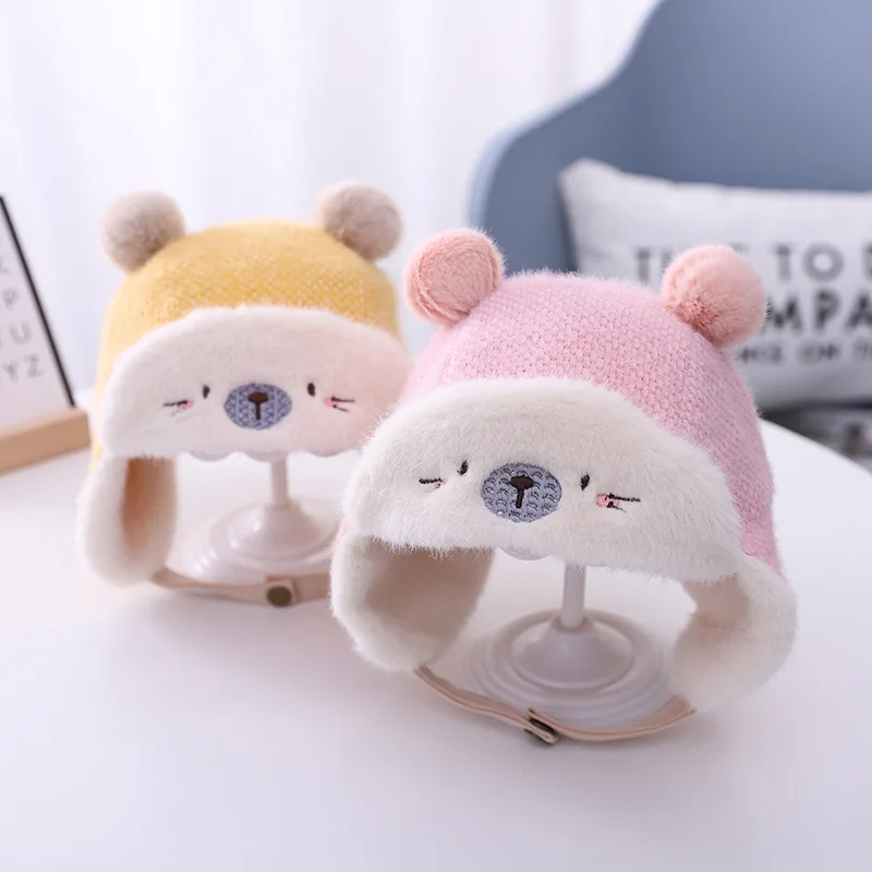 

Cute Cartoon baby Hat Bear Cover Ear Cap Thicken Plus Fleece Comfortable Warm Boys and Girls Universal Clip-on Yellow Pink