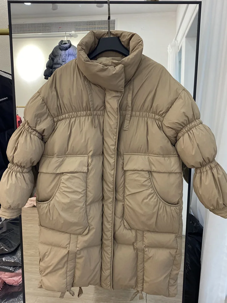 

Ailegogo зимние женские парки с воротником-стойкой свободная теплая длинная куртка на 90% белом утином пуху Повседневная Женская куртка верхняя ...