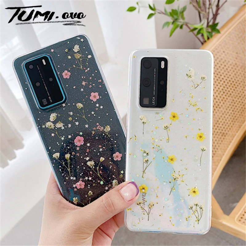 Прозрачный чехол с блестками Real Dry Flower для Samsung Galaxy S20 Ultra S10 Plus A10 A20 A30 A50 A70 A51 A71