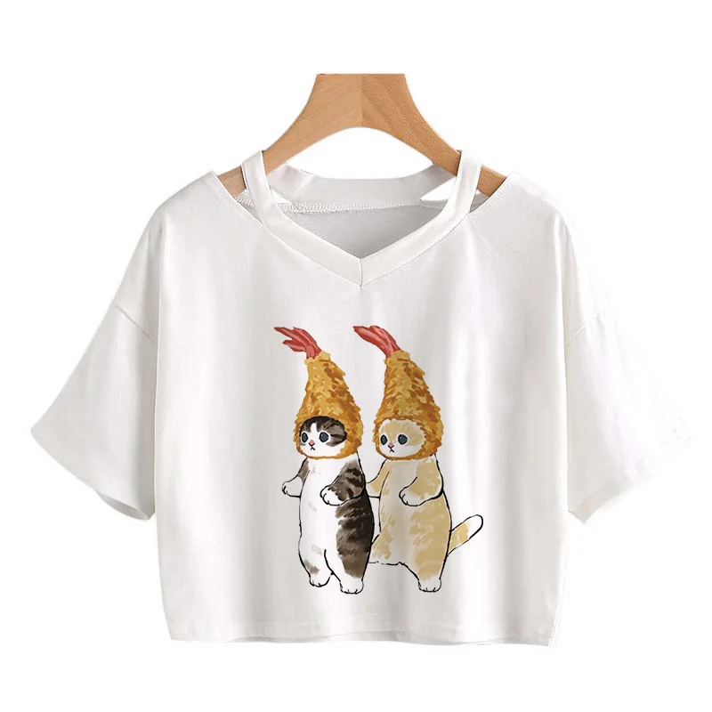 

Women Cute Cat Print T-shirt Summer Loose V-neck crop tops Casual Short Sleeve Vintage Cropped Tees Japanese kawaii tops y2k tee