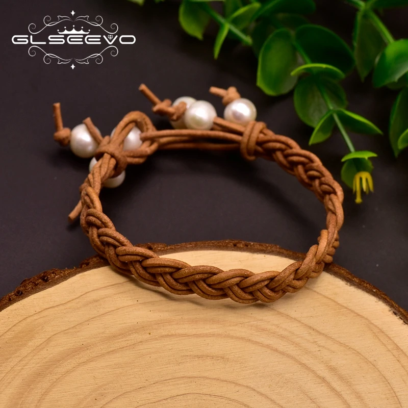 

GLSEEVO Original Design Natural Pearl Cowhide Leather Rope Bracelet For Women Party Love Gifts Handmade Fashion Jewelry GB0166