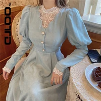solid elegant dress women winter patchwork lace party dress female casual french style sweet korean dress women 2021