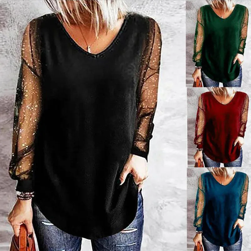 

Женская однотонная Весенняя блузка с длинным рукавом 2022, футболка, Повседневная рубашка, топ, СВОБОДНЫЙ Модный пуловер с V-образным вырезом, ...
