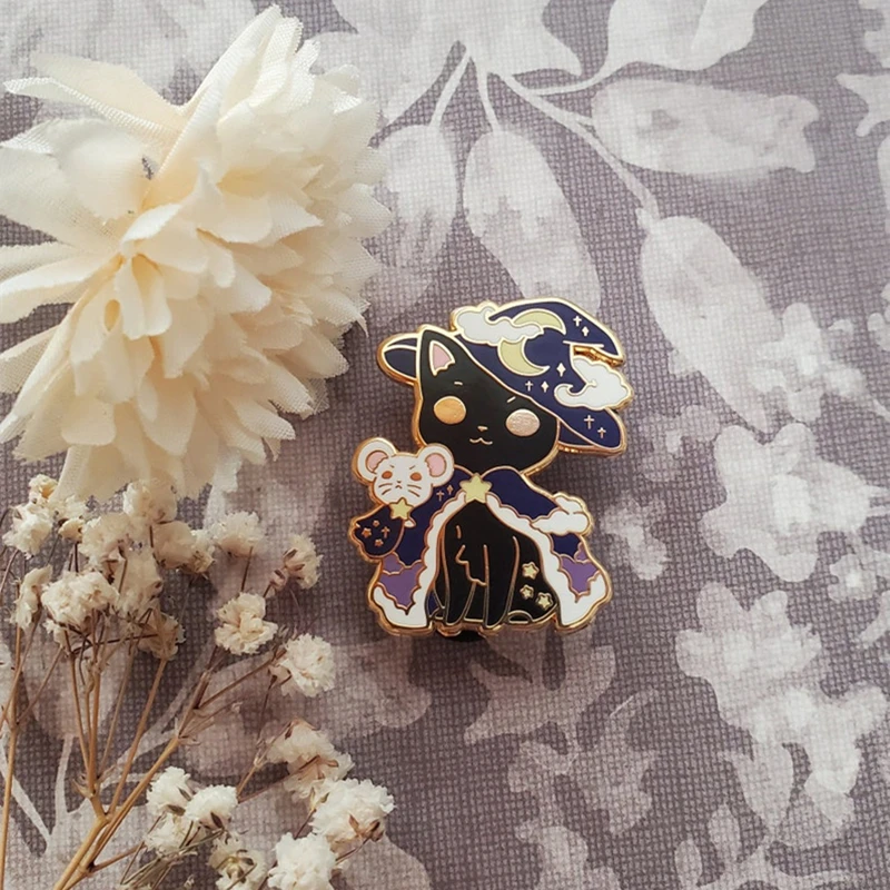 Мультяшный милый волшебный волшебник Черный Белый Кот Волшебная Шляпа Луна