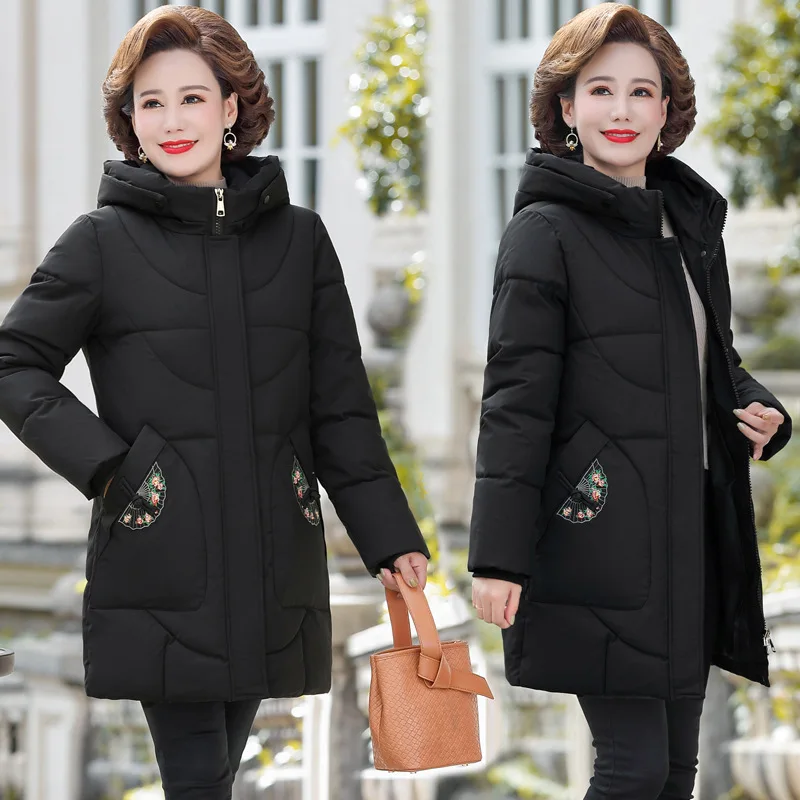 Women Winter Long Embroidery Jacket Thick Warm Parkas Ladies Hooded Cotton Padded Coat Female Stylish Outerwear Brand Clothing