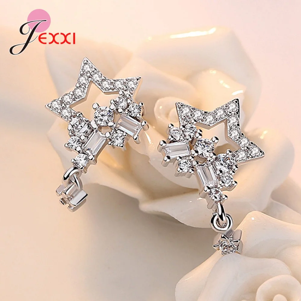 925 Sterling Silver Statement Earrings Cubic Zirconia Stone Inlay Paved Setting Star Hanging Dangle Modern Ear Brincos Jewelry | Украшения