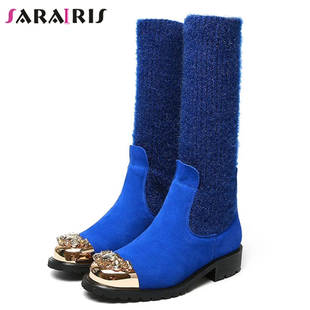 SARAIRIS/Новинка 32-42 брендовые замшевые сапоги до середины икры из натуральной кожи
