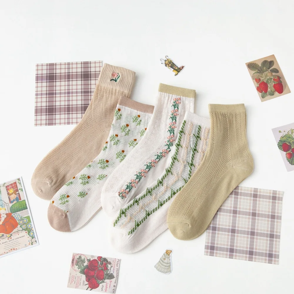 Women Long Socks 5-pairs Set Summer Breathable Thin Cartoon Printed Mesh Girls Socks Japanese Korean Style College Style