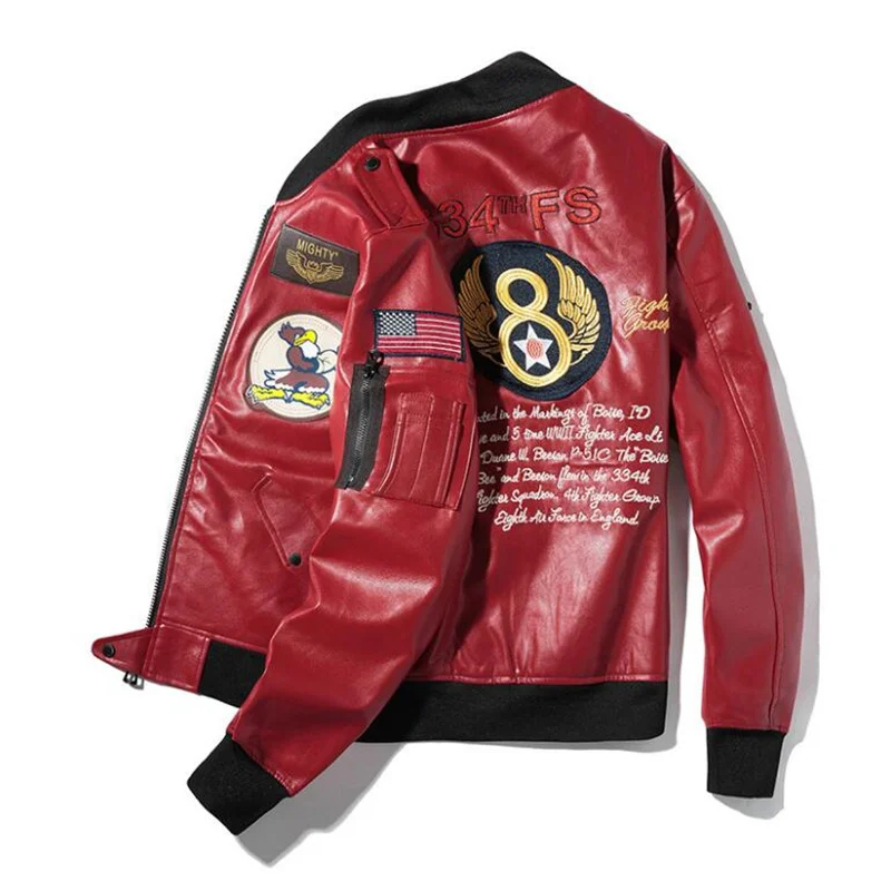 Мужская кожаная куртка на молнии с вышивкой весна-осень | одежда