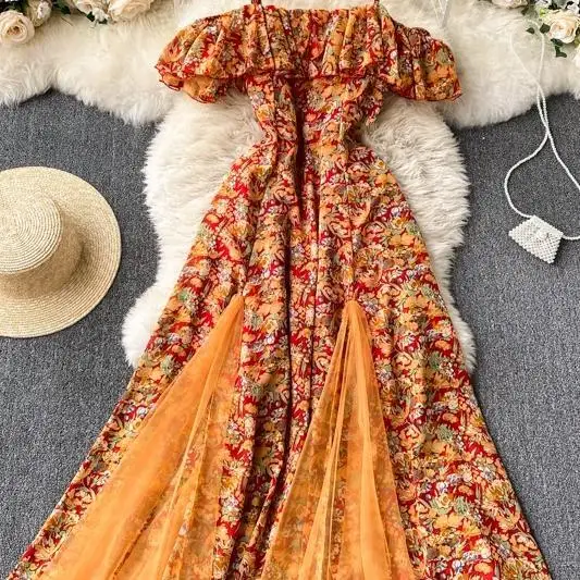 

2021 New Temperament Fashion Floral Vestidos Feminine Strapless Slim Slimming Midi Dress with Ruffles Bohemian long dress