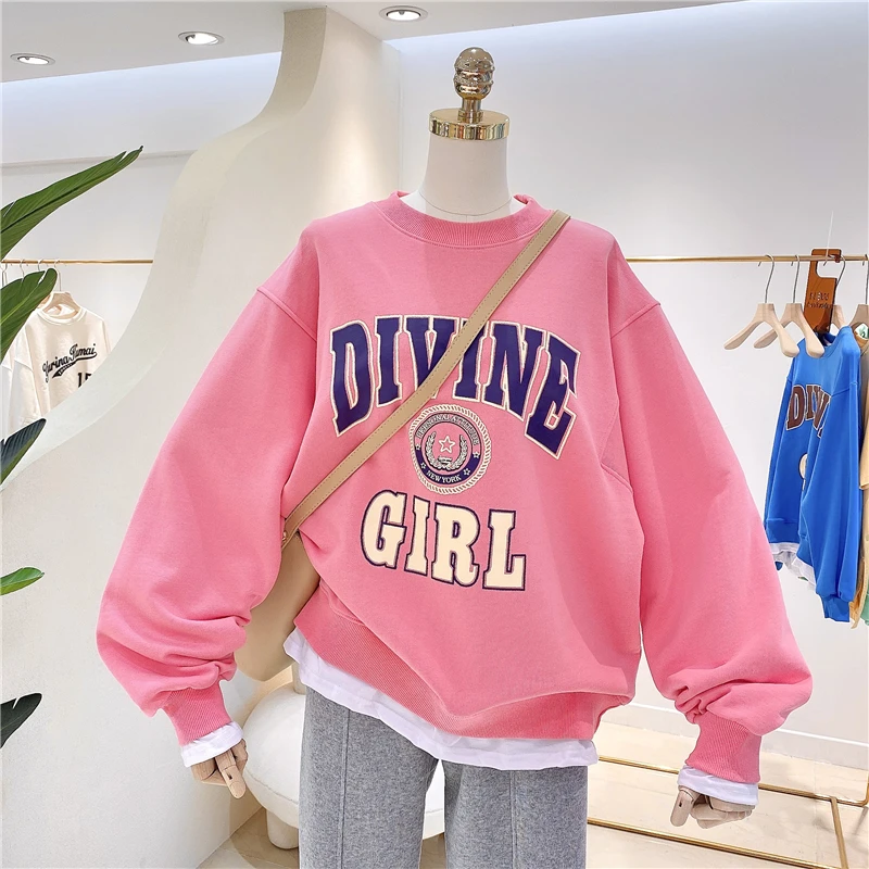

Women's Loose Large Size Pullover Sweater with Korean-Style Letters and White Edges Sweatshirt