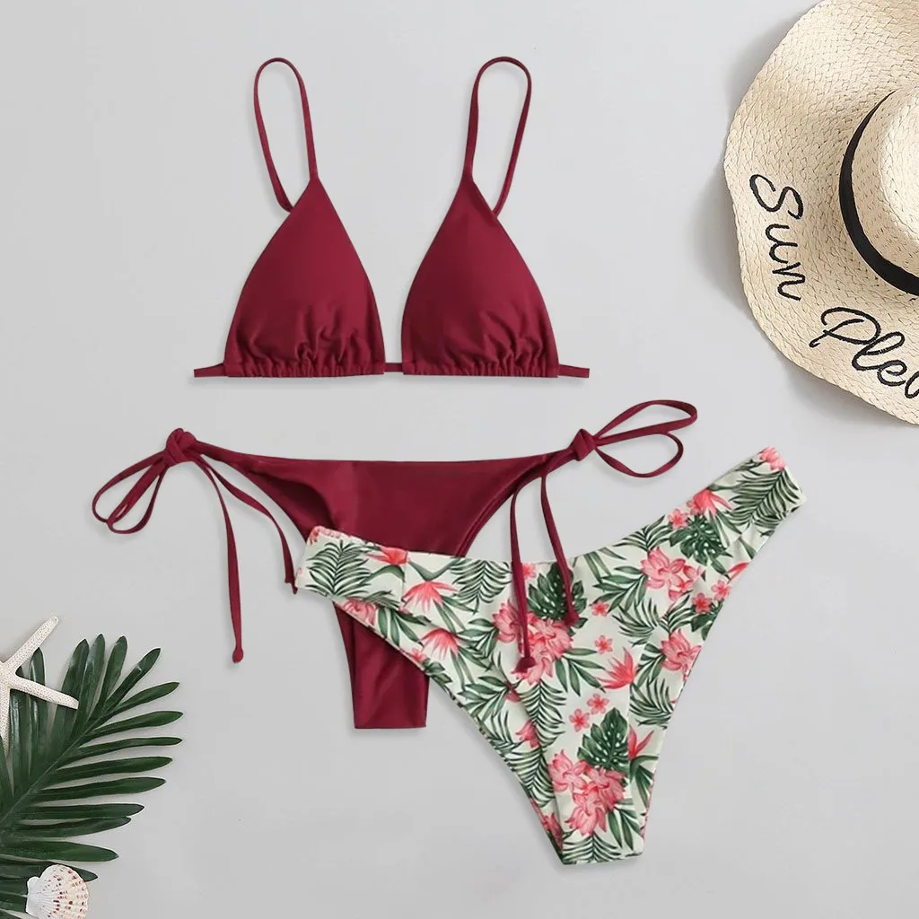 Женский сексуальный купальник бикини с принтом из трех частей пуш ап бюстгальтер