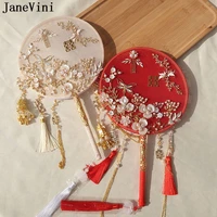 janevini chinese style bridal hand fan luxurious pearls red jewelry handmade flowers champagne tassel round wedding fan bouquet