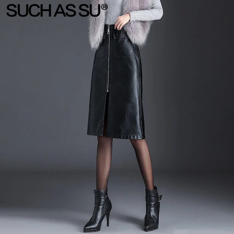 Black Skirt Новая осенне-зимняя женская юбка из искусственной кожи, черная юбка средней длины А-силуэта, S-3XL Женская юбка из искусственной кожи на молнии с высокой талией - Цвет: Black Skirt
