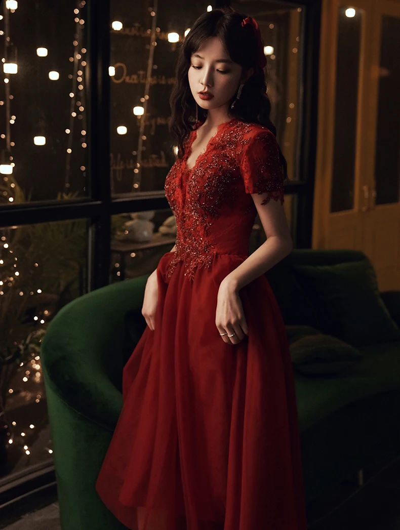 AnXin SH flower wine red lace v neck short sleeve evening dress vintage princess beading sparkly bride party | Свадьбы и торжества