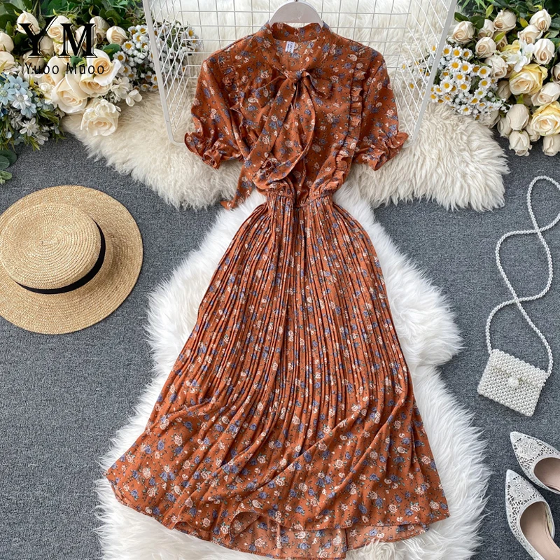 Женское шифоновое платье с бантом YuooMuoo летнее плиссированное миди цветочным