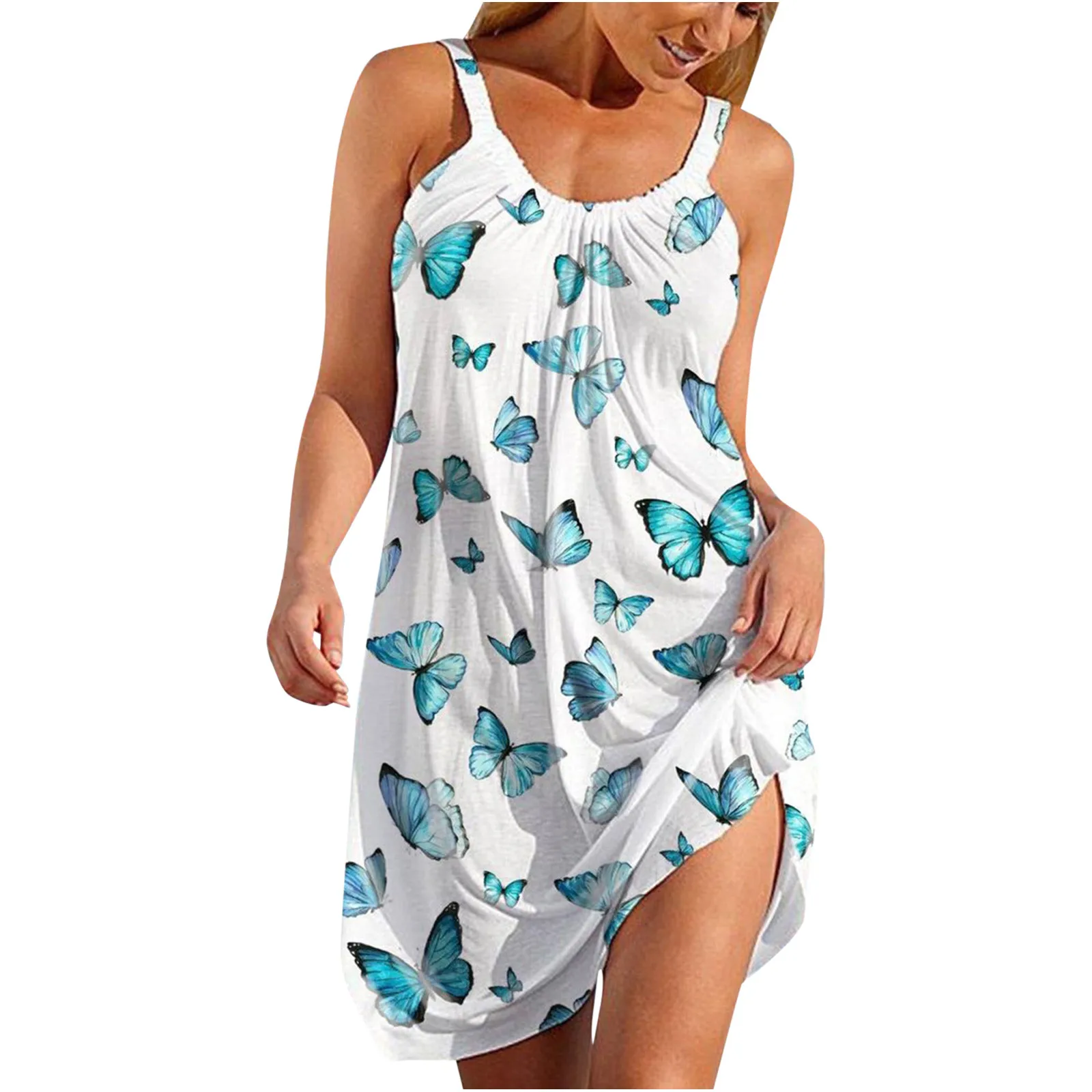 Женское летнее модное пикантное платье простое свободное пляжное без рукавов с