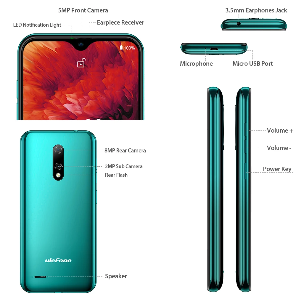 Ulefone Note 8P смартфон Android 10 2 ГБ + 16 Гб 4 ядра 5 дюймов тройной Камера 4G сотовый телефон